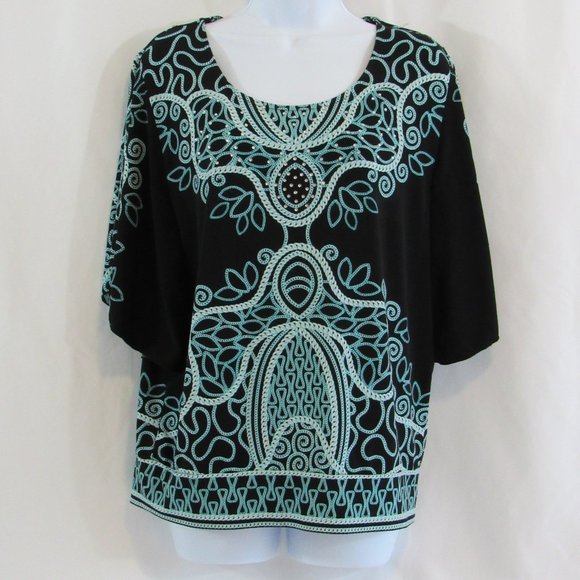 JM COLLECTION Women's Size M, Short Sleeve, Black, Blue Pullover stretch Top - Picture 2 of 7